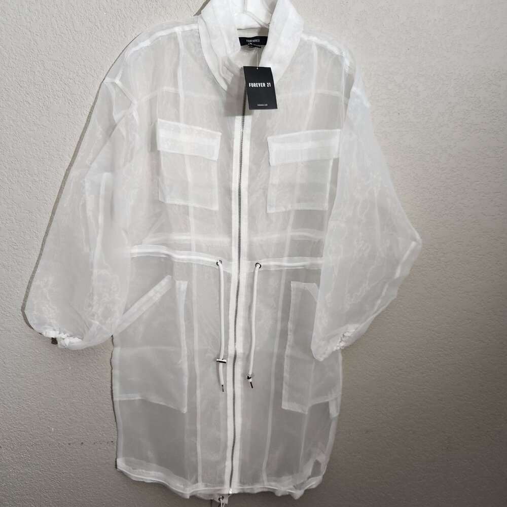 Forever 21 Zip-Up Jacket Large Sheer White Drawstring Waist Pockets